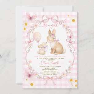 Pink Gingham Bunny Baby Shower Butterfly Daisy Invitation