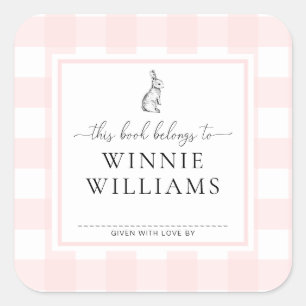 Pink Gingham Bunny Bookplate Sticker