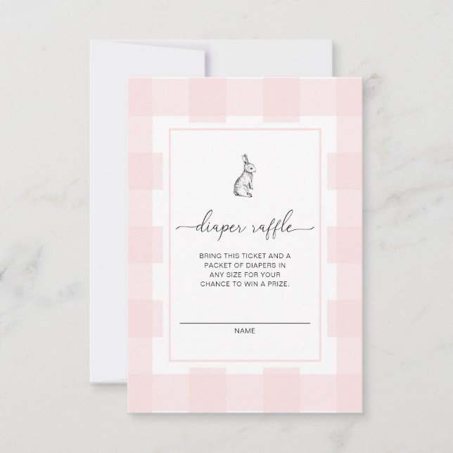 Pink Gingham Bunny Diaper Raffle Ticket Card (Front)