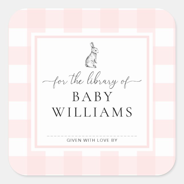 Pink Gingham Bunny For The Library Of Bookplate Square Sticker (Front)