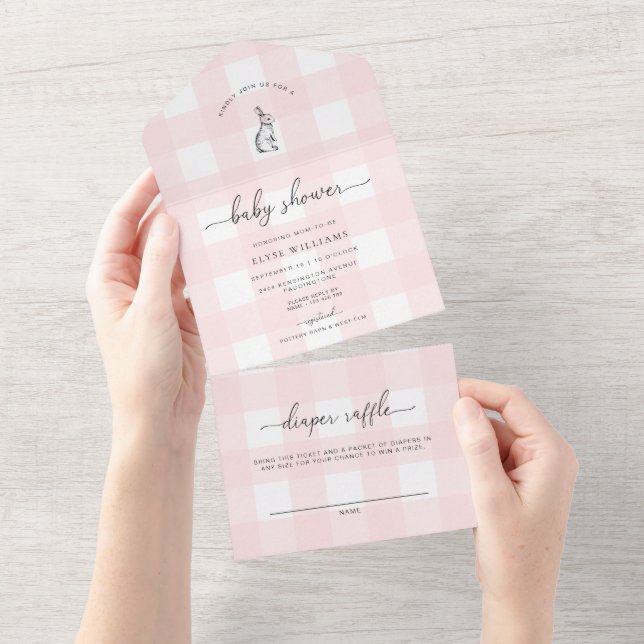 Pink Gingham Bunny Rabbit Baby Shower All In One Invitation (Tearaway)