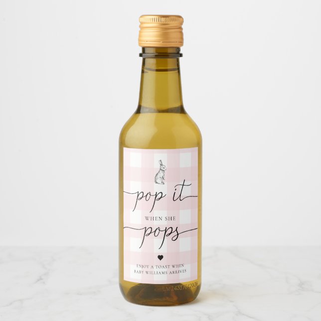 Pink Gingham Bunny Rabbit Pop It When She Pops Wine Label (Front)