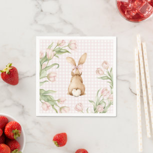 Pink Gingham Bunny Rabbit Tulips Floral  Napkin