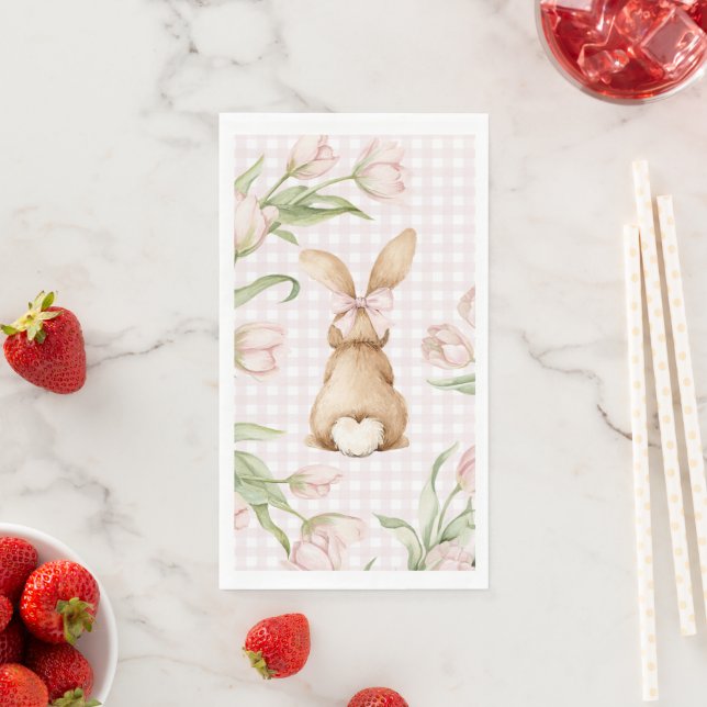 Pink Gingham Bunny Rabbit Tulips Floral  Napkin (Insitu)