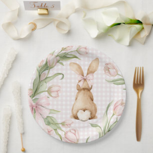 Pink Gingham Bunny Rabbit Tulips Floral  Paper Plate