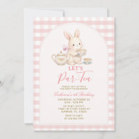 Pink Gingham Bunny Tea Party Birthday Invitation