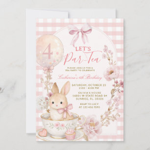 Pink Gingham Bunny Tea Party Girl Birthday Invitation
