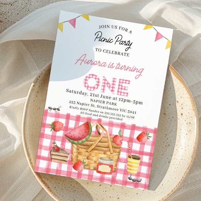 Pink Gingham Bunting Flags Picnic 1st Birthday Invitation (Pink Gingham Picnic Party 1st Birthday Invitation, Picnic First Birthday Invite, Picnic Basket )