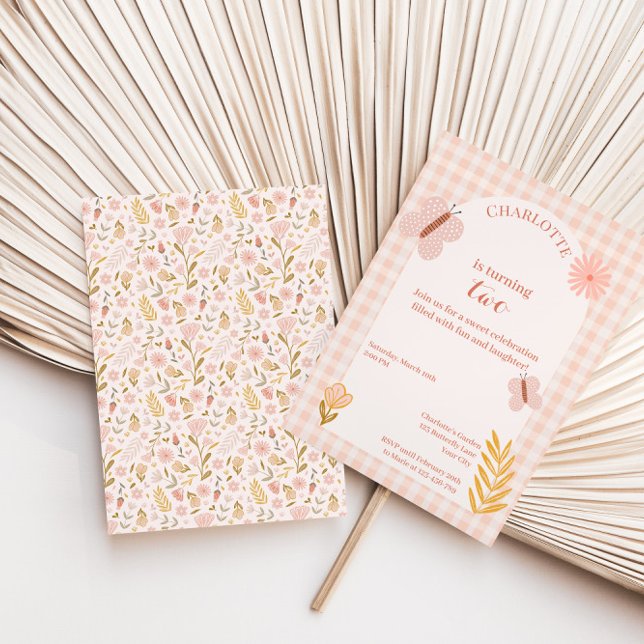 Pink Gingham Butterfly with Flowers Birthday Invitation (Creator Uploaded)