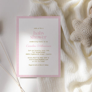 Pink Gingham Check Cute Retro Baby Girl Shower Invitation