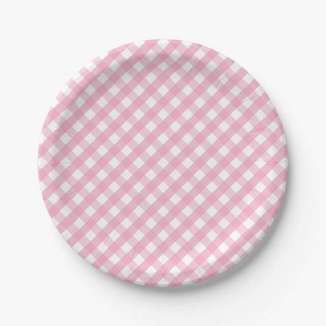 Pink Gingham Check Pattern Paper Plate (Front)