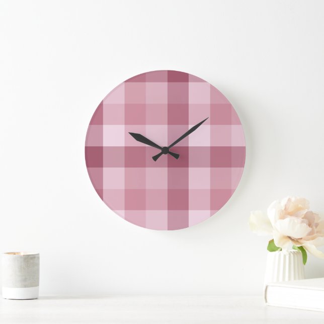 Pink Gingham Check Plaid Design Large Clock (Home)
