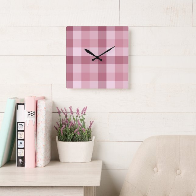 Pink Gingham Check Plaid Design Square Wall Clock (Reading Room)
