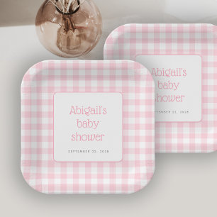 Pink Gingham Check Rustic Girls Baby Shower Paper Plate