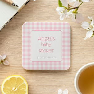 Pink Gingham Check Rustic Girls Baby Shower Square Paper Coaster