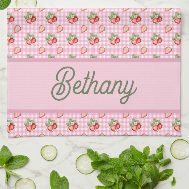 Pink Gingham Check Strawberry Pattern Tea Towel (Folded)