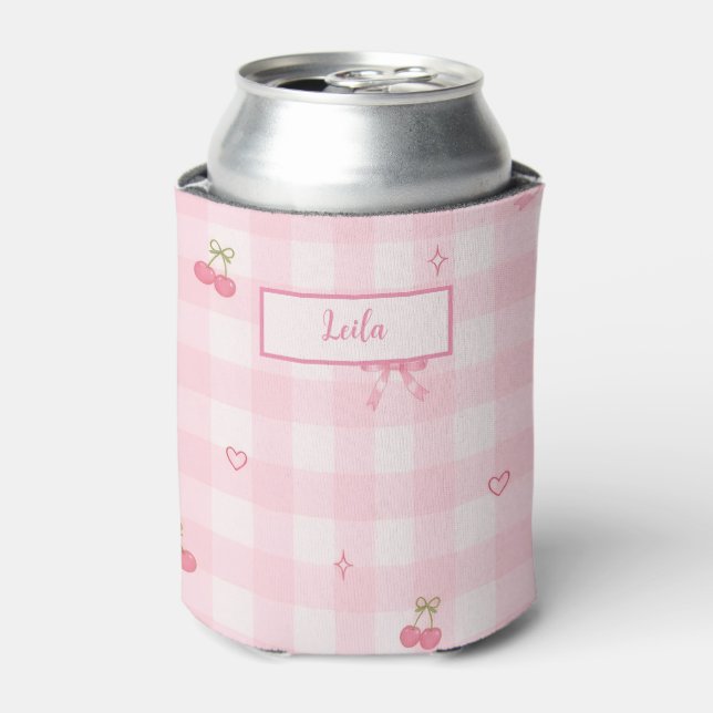 Pink Gingham Cherry Bow Script Name Design Can Cooler (Can Front)