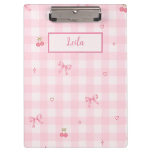 Pink Gingham Cherry Bow Script Name Design Clipboard