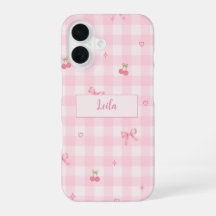 Pink Gingham Cherry Bow Script Name Design