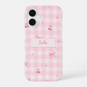Pink Gingham Cherry Bow Script Name Design iPhone 16 Case