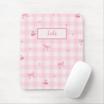Pink Gingham Cherry Bow Script Name Design