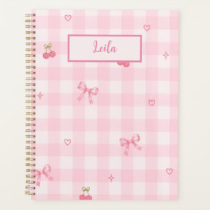 Pink Gingham Cherry Bow Script Name Design Planner