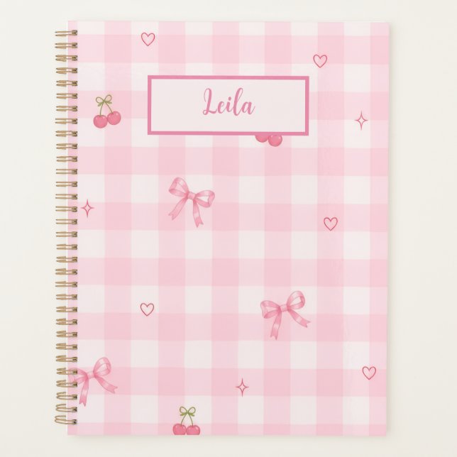 Pink Gingham Cherry Bow Script Name Design Planner (Front)