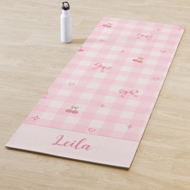 Pink Gingham Cherry Bow Script Name Design Yoga Mat (In Situ)