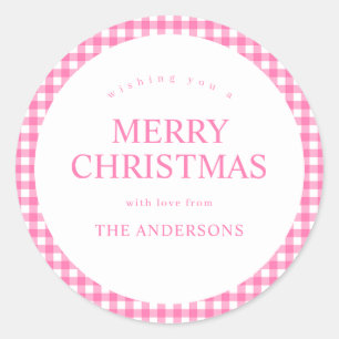 Pink Gingham Christmas Classic Round Sticker