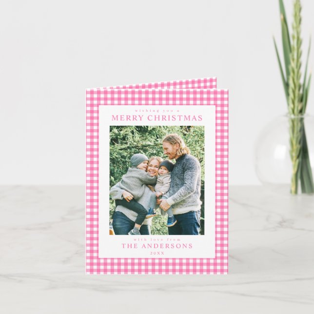 Pink Gingham Christmas Photo Holiday Card (Front)
