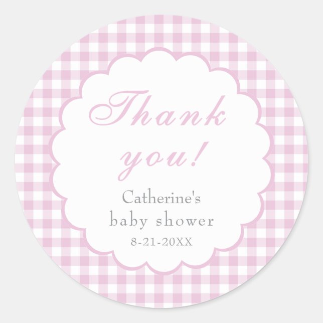 Pink Gingham Classic Baby Shower Sticker (Front)