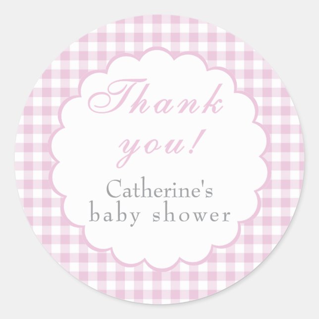 Pink Gingham Classic Baby Shower Sticker (Front)