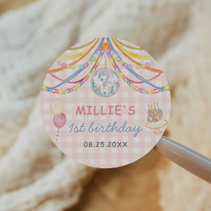 Pink Gingham Colourful Girl Birthday Party Classic Round Sticker