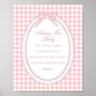 Pink Gingham Coquette Bow Advice for Baby Shower Poster