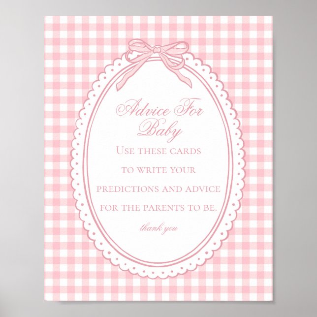 Pink Gingham Coquette Bow Advice for Baby Shower Poster (Front)