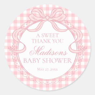 Pink Gingham Coquette Bow Baby Shower Favor Classic Round Sticker