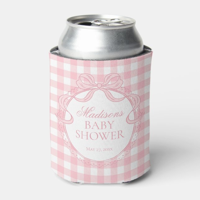 Pink Gingham Coquette Bow Baby Shower Favour Can Cooler (Can Front)