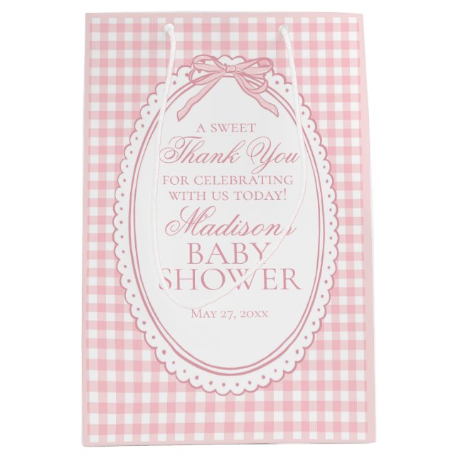 Pink Gingham Coquette Bow Baby Shower Favours Medium Gift Bag (Front)