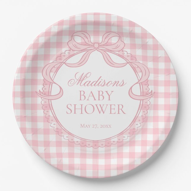 Pink Gingham Coquette Bow Baby Shower Paper Plate (Front)