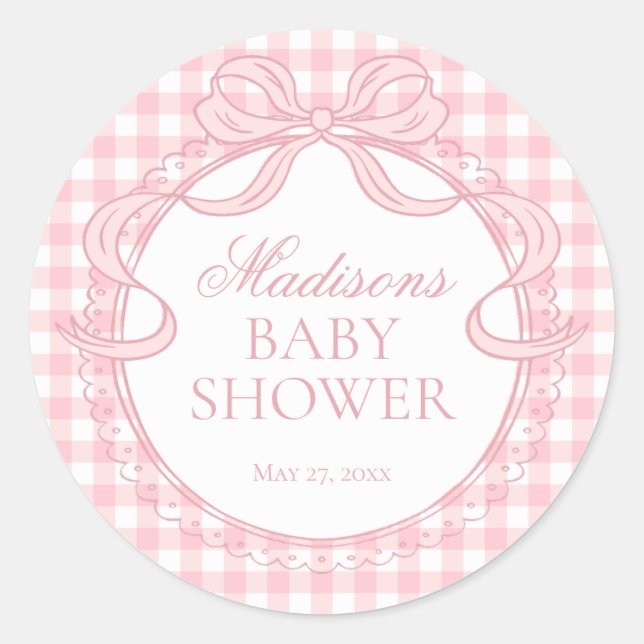 Pink Gingham Coquette Bow Baby Shower Seal (Front)