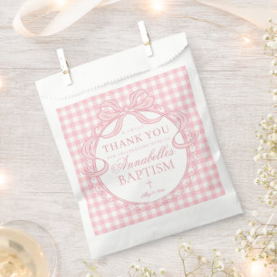 Pink Gingham Coquette Bow Baptism Dessert Favour Bags