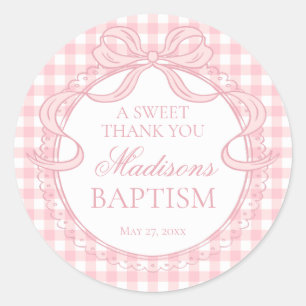 Pink Gingham Coquette Bow Baptism Favor Classic Round Sticker