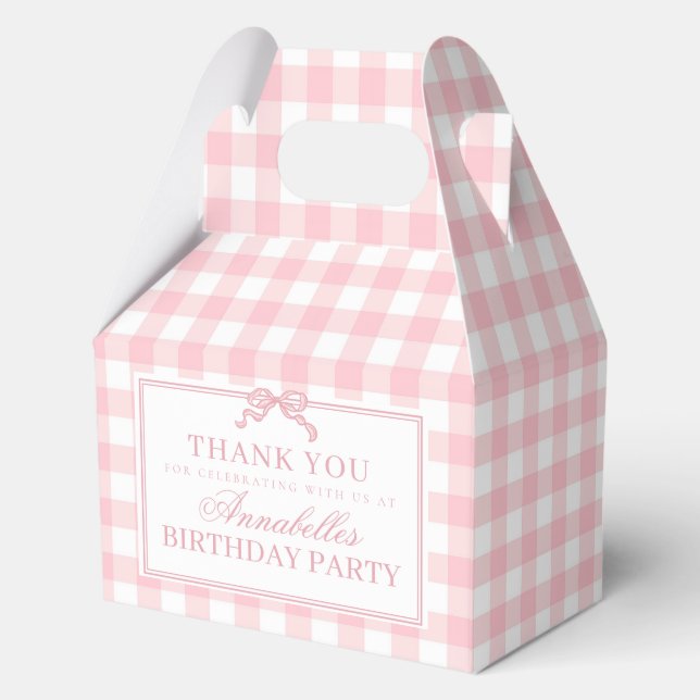 Pink Gingham Coquette Bow Birthday Gable Favour Box (Front)