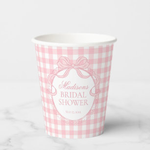 Pink Gingham Coquette Bow Bridal Shower Paper Cups