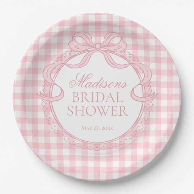 Pink Gingham Coquette Bow Bridal Shower Paper Plate (Front)