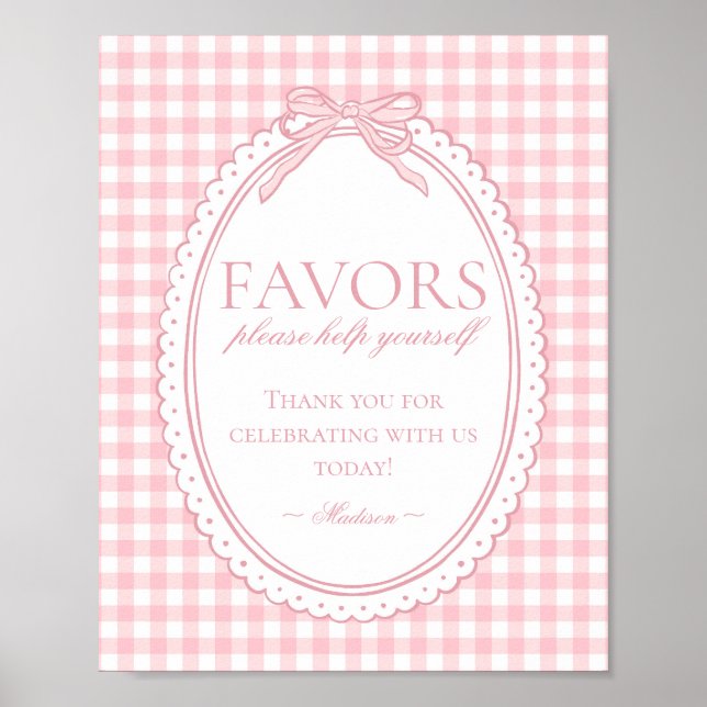 Pink Gingham Coquette Bow Favours Sign (Front)