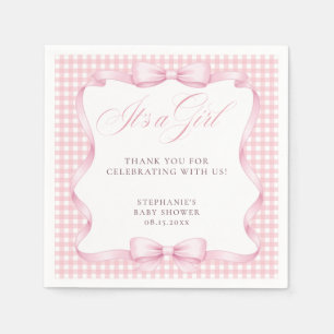 Pink Gingham Coquette Bow It’s a Girl Baby Shower Napkin