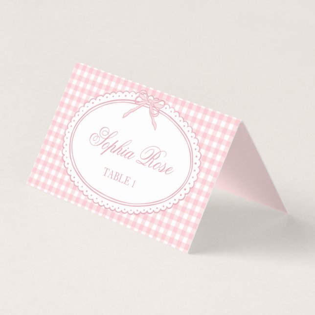Pink Gingham Coquette Bow Place Card Table Decor (Front)