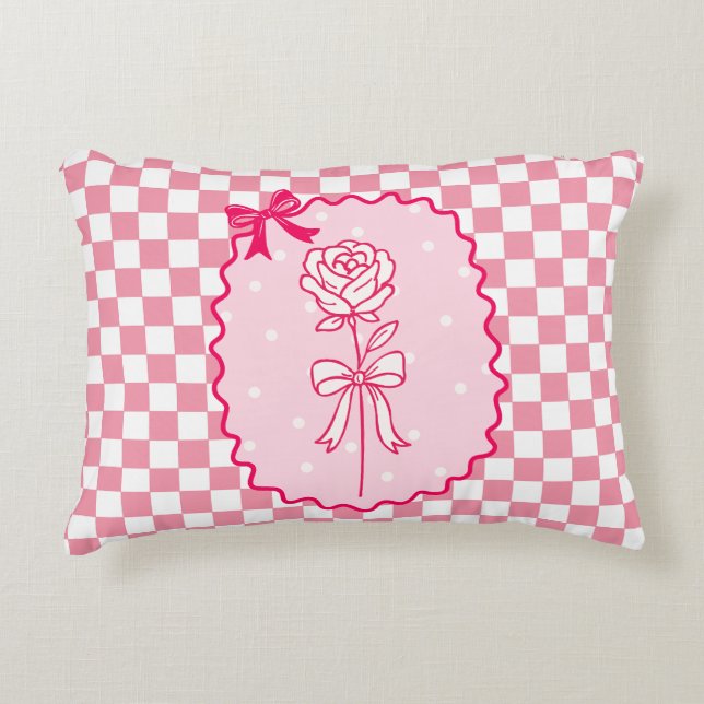 Pink Gingham Coquette Rose Aesthetic Decorative Cushion (Front)