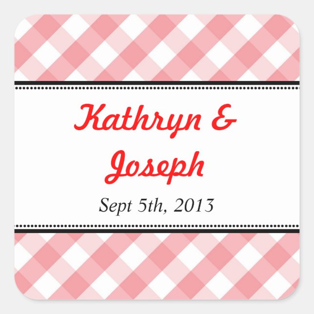 Pink gingham country picnic rustic wedding favour square sticker (Front)